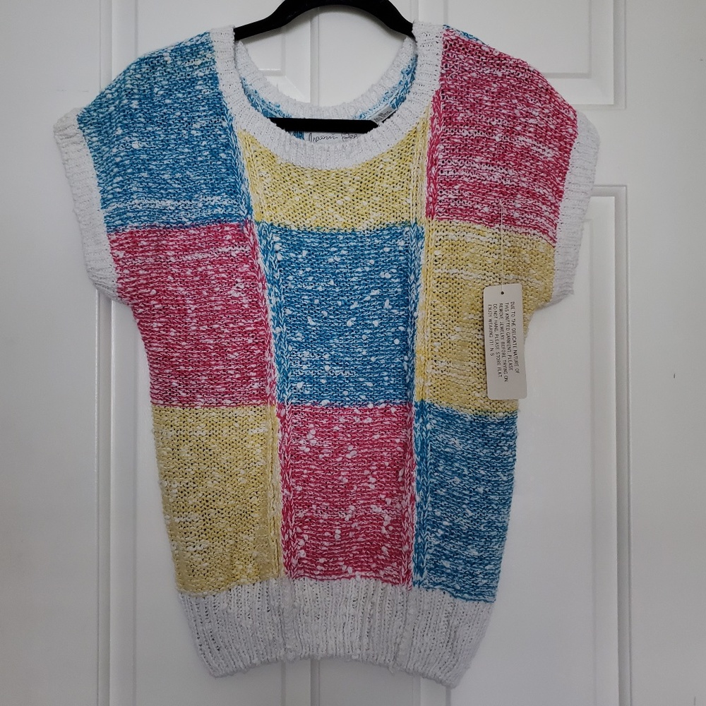 Colorblock Short Sleeve Knit Top in Blue, Pink & Yellow